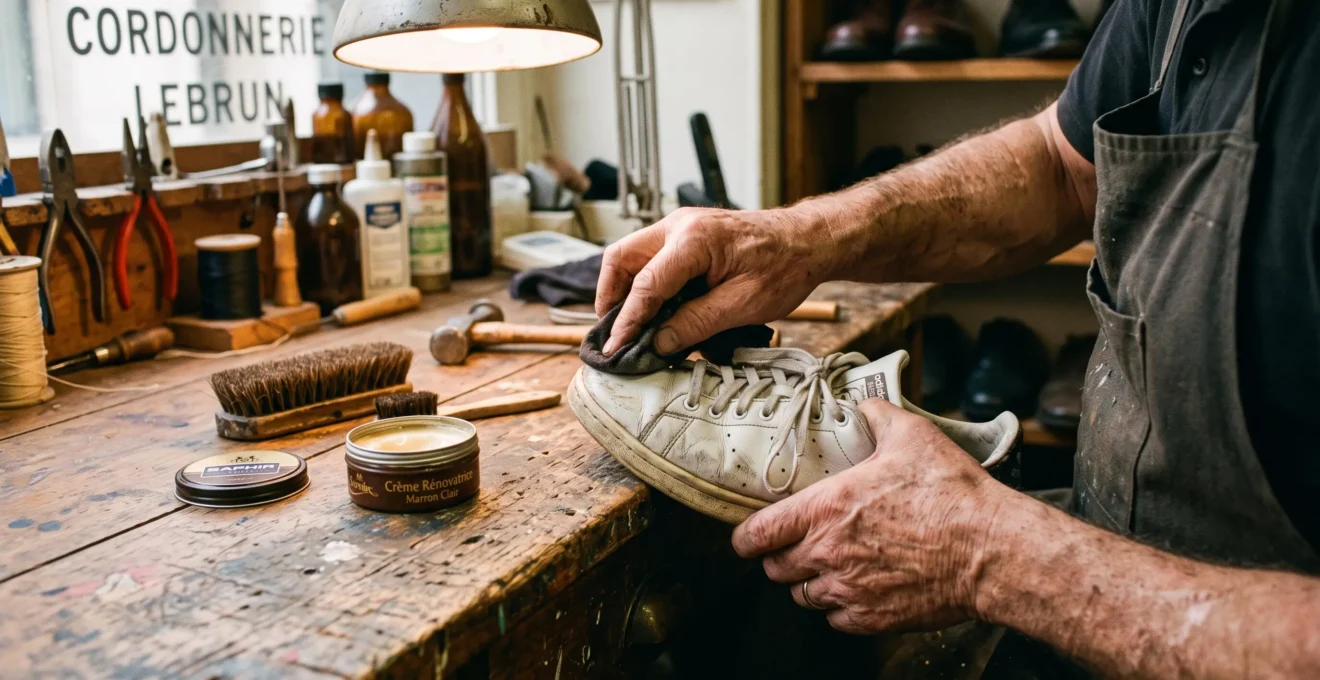 Un cordonnier applique un produit d'entretien sur une basket en cuir dans son atelier