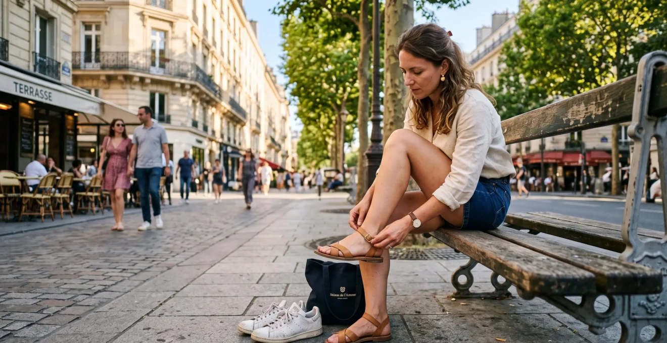 Une femme attache la sangle d'une sandale en cuir sur un banc urbain en été