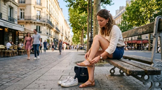 Une femme attache la sangle d'une sandale en cuir sur un banc urbain en été