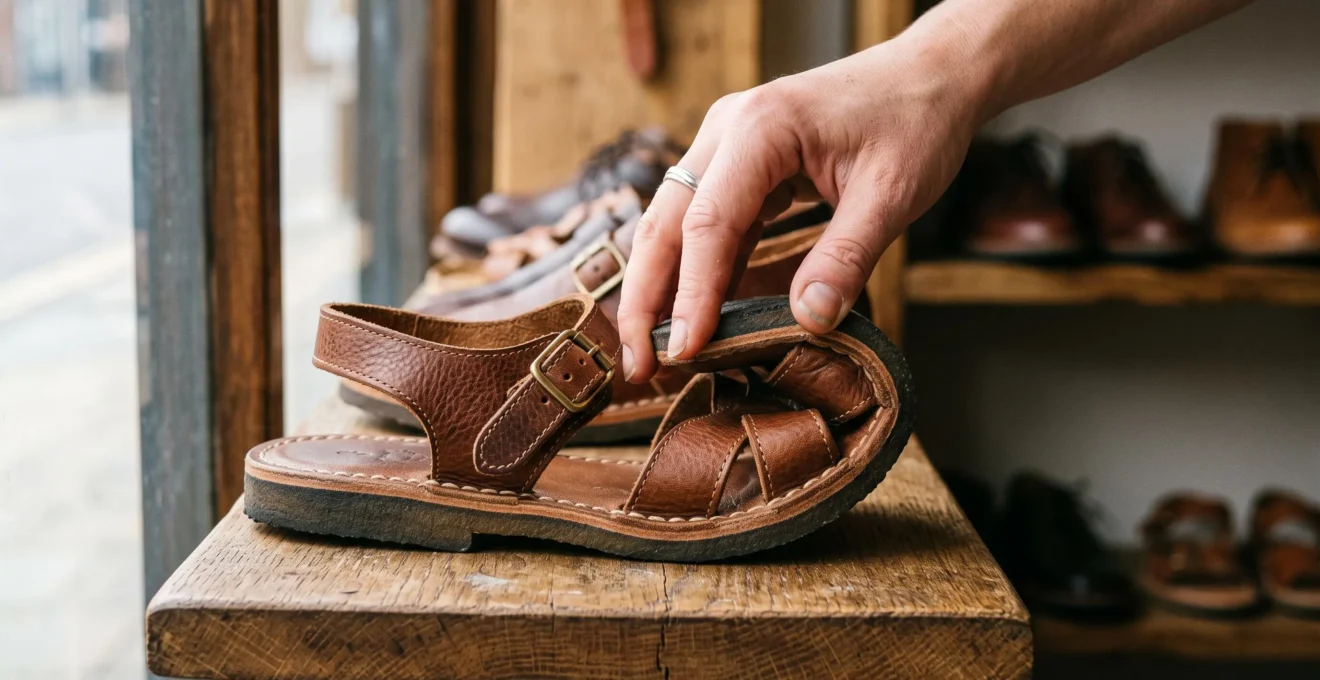 Une main examine la semelle flexible d'une sandale en cuir en boutique